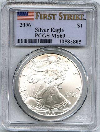 2006 Pcgs Ms69 $1 American Silver Eagle First Strike photo