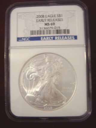 2008 Silver Eagle $1 Ms69 American Eagle Silver Dollar Early Release Ngc Graded photo
