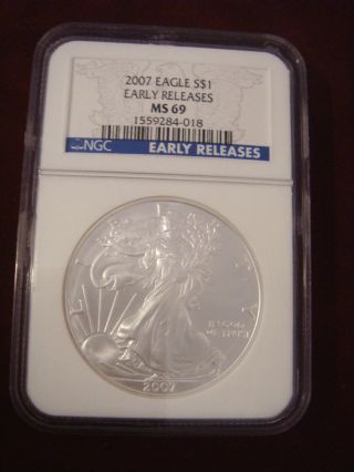 2007 Silver Eagle $1 Ms69 American Eagle Silver Dollar Early Release Ngc Graded photo