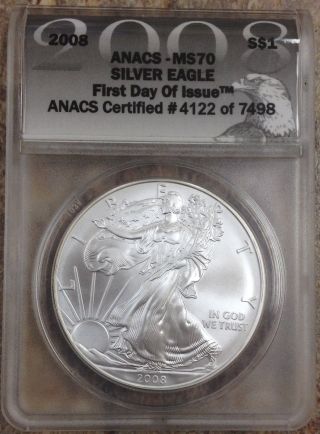 2008 American Silver Eagle $1 Anacs Perfect Ms70 