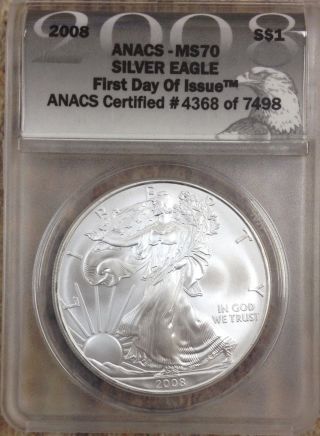 2008 American Silver Eagle $1 Anacs Perfect Ms70 