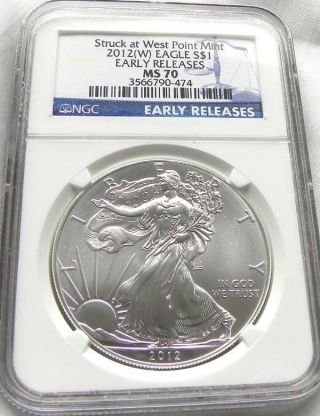2012 (w) American Silver Eagle $1,  Early Releases (blue Label).  Ngc Graded Ms 70 photo