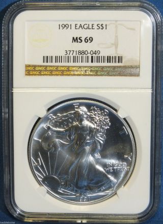1991 American Silver Eagle Ngc Ms 69 1 Oz.  999 Dollar Coin - S1s Jf426 photo