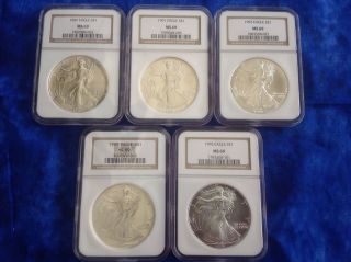 (5) Eagle S$1 Silver Liberty - 1989,  1991,  1992,  1993,  1995 photo