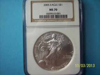 2005 American Silver Eagle $1 Coin,  (brown Label).  Ngc Graded Ms 70 photo
