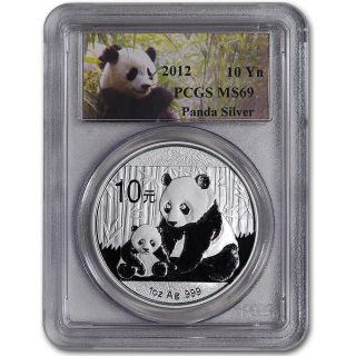2012 China Silver Panda (1 Oz) 10 Yn - Pcgs Ms69 - Special Panda Label photo
