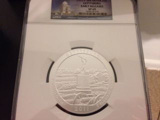 2011 P 5 Oz Silver Quarter Atb Gettysburg Early Releases Ngc Sp69 photo