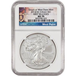 2014 - (w) American Silver Eagle - Ngc Ms70 - First Releases - West Point Label photo