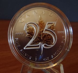 25th Anniversary Canadian Maple Leaf,  24k Gold Enhanced,  1troy Oz Fine Silver Us photo