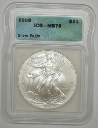 2008 American Silver Eagle Dollar 1 Oz Fine Silver Icg Ms70 photo