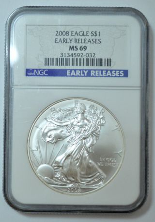 2008 American Silver Eagle Dollar 1 Oz Fine Silver Ms 69 Ngc Early Releases photo