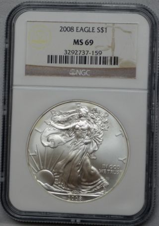 2008 American Silver Eagle Dollar 1 Oz Fine Silver Ms 69 Ngc photo