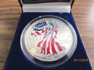 1999 Colorized American Eagle Silver Dollar 1 Oz Fine Silver W/ Box And photo