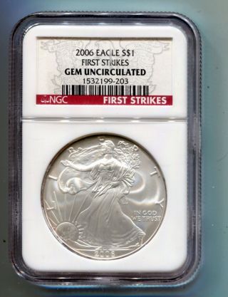 2006 American Silver Eagle Coin.  999 1 Oz Ngc Gem Uncirculated First Strikes photo