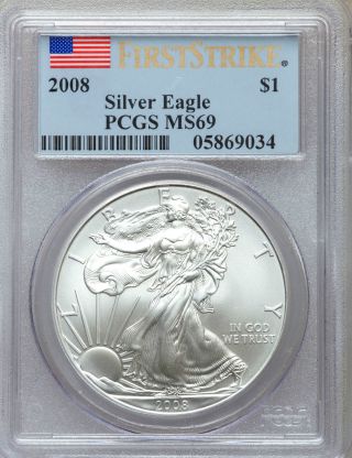 2008 American Silver Eagle Unc Ms69 First Strike Pcgs Cert Flag Label photo