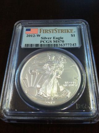 2012 W American Silver Eagle Pcgs Ms 70 Burnished First Strike Flag Label photo