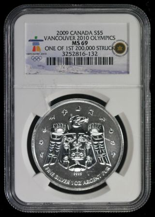 2009 Ngc Ms69 Vancouver 2010 Olympics Canadian $5 One Of 1st 200k Struck Ncn328 photo