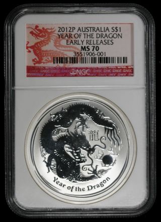 2012p Ngc Ms70 Australia Year Of The Dragon Red Label 1 Oz.  Silver Dollar Ncn330 photo