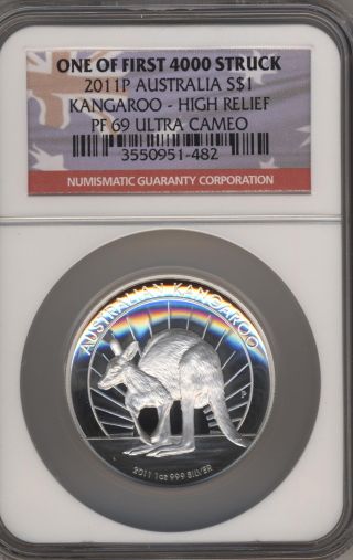 2011 Ngc - Pf69 Ultra Cameo Kangaroo High Relief Dollar photo
