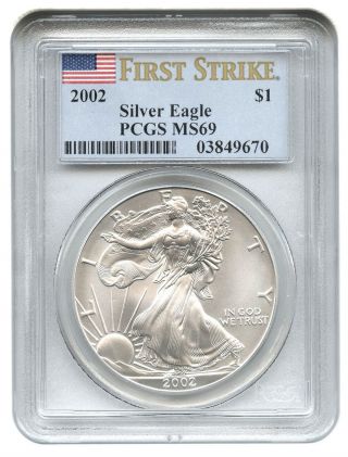 2002 Silver Eagle $1 Pcgs Ms69 (first Strike) American Eagle Silver Dollar Ase photo