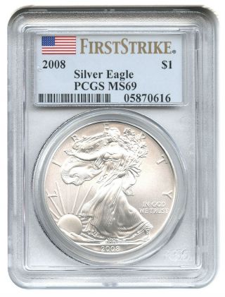 2008 Silver Eagle $1 Pcgs Ms69 (first Strike) American Eagle Silver Dollar Ase photo