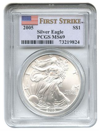 2005 Silver Eagle $1 Pcgs Ms69 (first Strike) American Eagle Silver Dollar Ase photo
