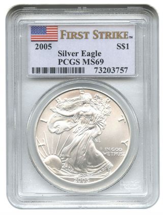 2005 Silver Eagle $1 Pcgs Ms69 (first Strike) American Eagle Silver Dollar Ase photo