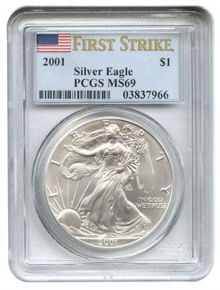 2001 Silver Eagle $1 Pcgs Ms69 (first Strike) American Eagle Silver Dollar Ase photo