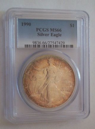 1990 Silver American Eagle Dollar Pcgs Ms66 Rare Toning Toned photo