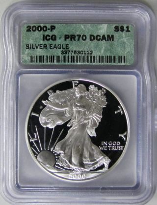 2000 - P,  Silver Eagle,  Icg - Pr70 Dcam,  (tiny Spot). photo