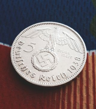 425,  000 Minted 1938 E Ww2 5 Mark 90% Silver German Third Reichsmark Coin photo