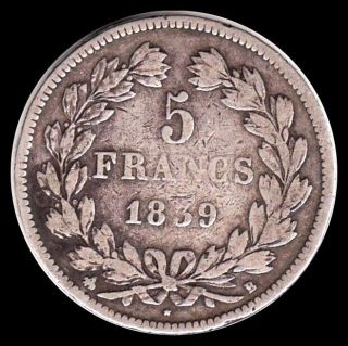 . 900 Silver 1839b France 5 Francs Louis Phillippe I.  7234 Oz Asw Km 749.  2 photo