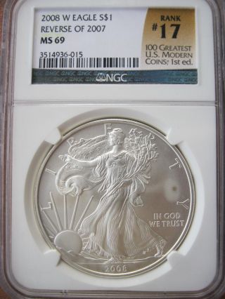 2008 W Reverse Of 2007,  Ms69,  Ngc,  American Silver Eagle, .  999 Fine Silver photo