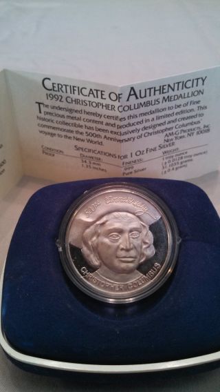 1992 - 500th Anniversary - Christopher Columbus Medallion/.  999 Silver Coin photo