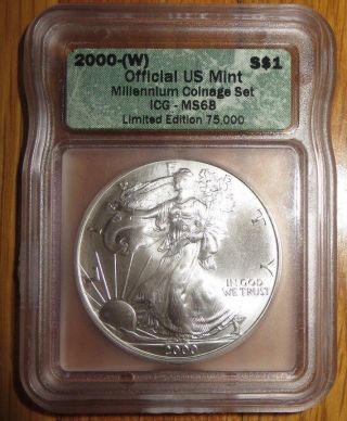 2000 - W American Silver Eagle Millennium Icg Ms68 Certified 139 Out Of 75,  000 photo