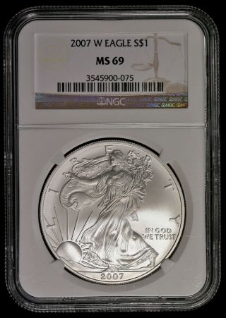 2007 - W Ngc Ms69 1 Oz Silver Eagle Dollar Ncn386 photo