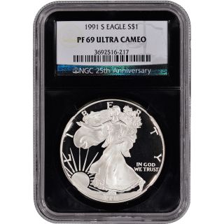 1991 - S American Silver Eagle Proof - Ngc Pf69 Ucam - ' Retro ' Black Core photo