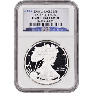 2010 - W American Silver Eagle Proof - Ngc Pf69 Ucam Early Releases 25 Years Label photo