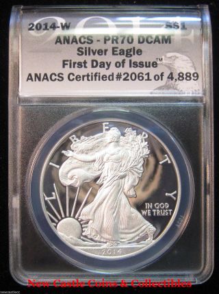 2014 - W $1 Silver Eagle Anacs Proof 70 Deep Cameo.  1st Day Of Issue. photo