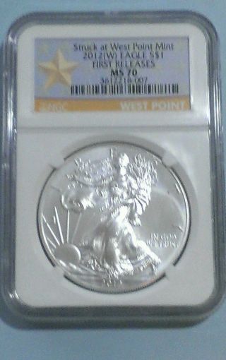 2012 Struck At West Point Ms70 Ngc Silver Eagle,  First Release Gold Star Label photo