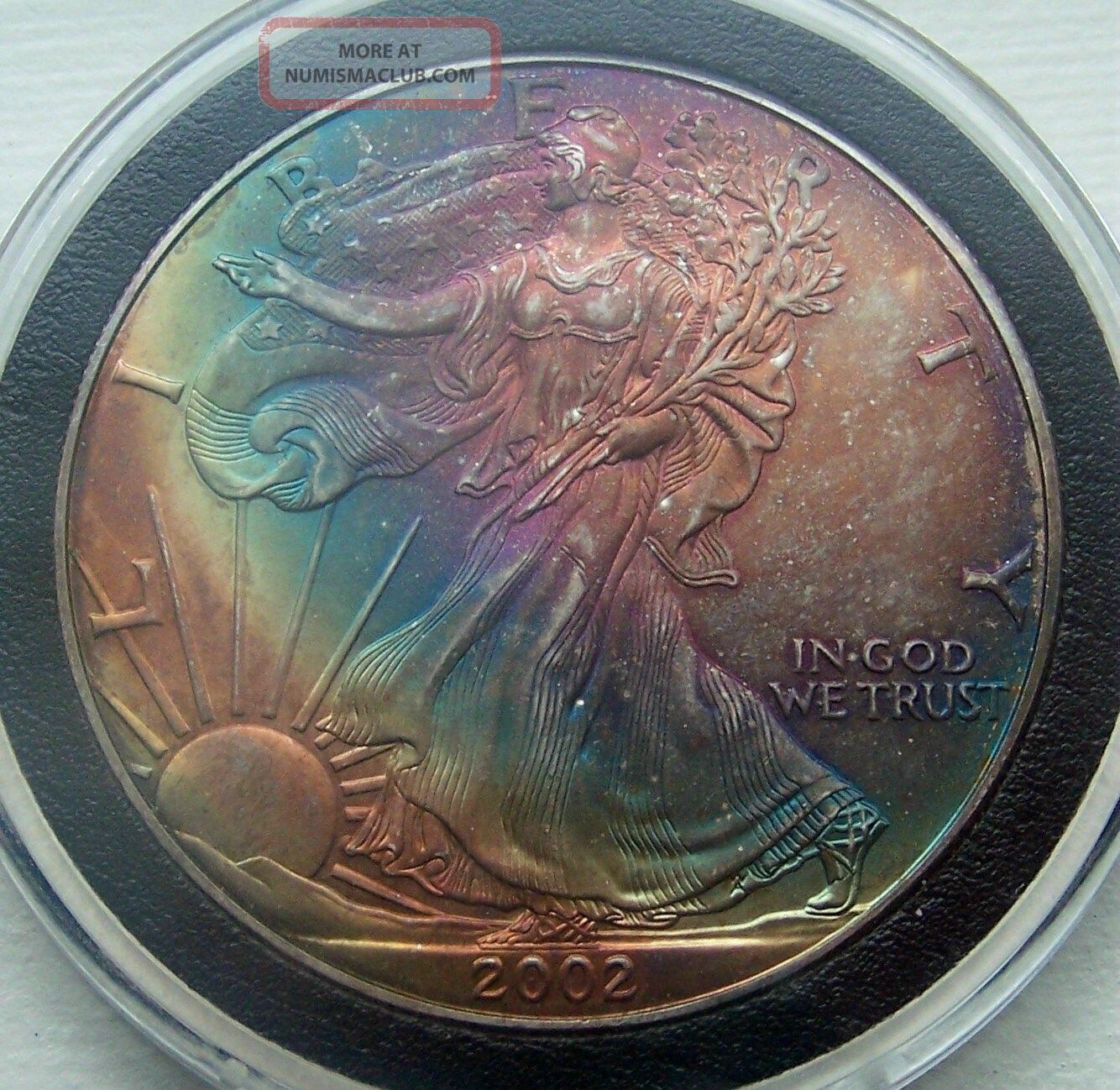 2002 Silver American Eagle Gem Bu rainbow Toned 