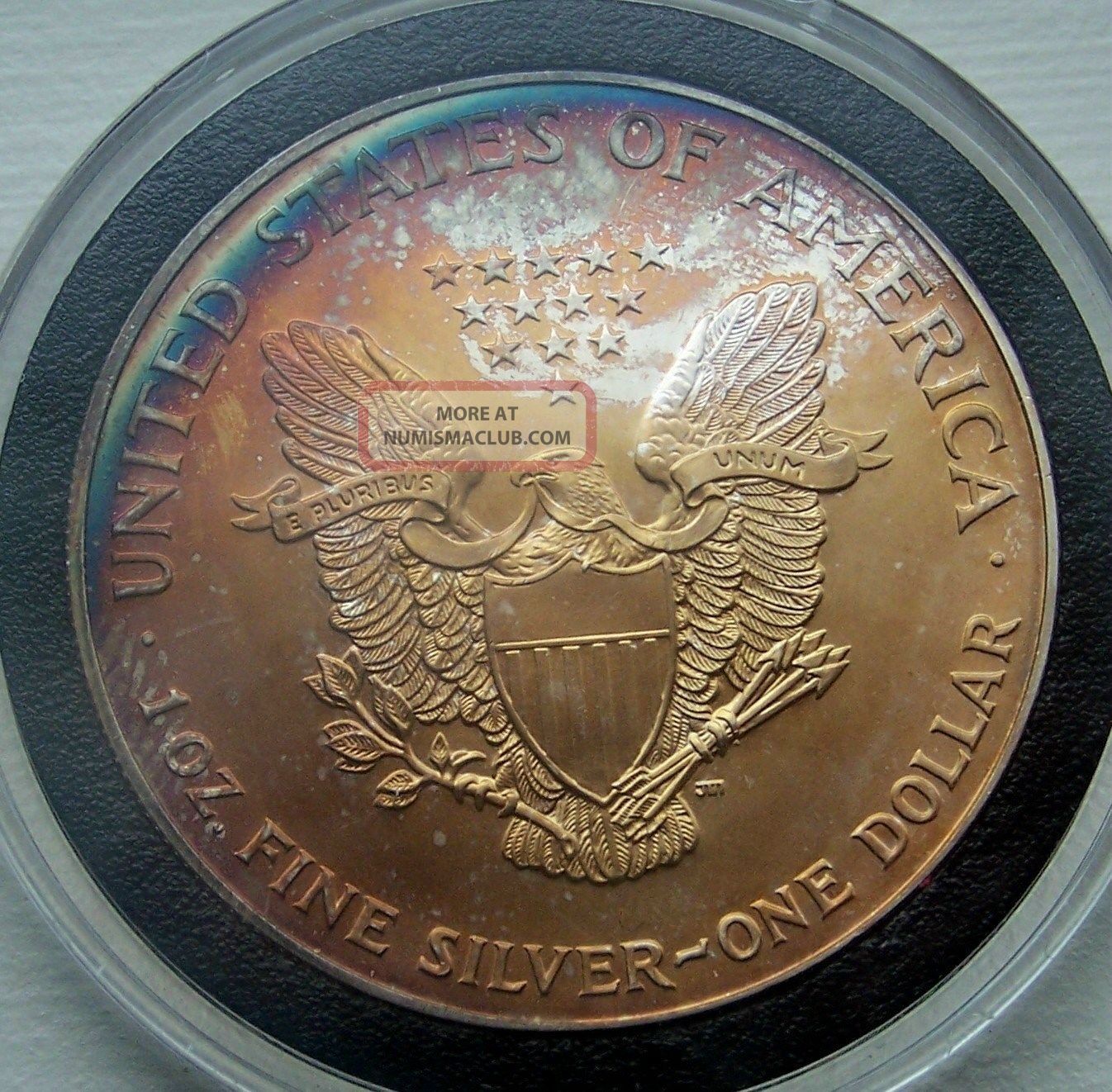 2002 Silver American Eagle Gem Bu rainbow Toned 