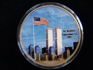 2001 Twin Towers,  Flag 2 Sided Colorized Silver Eagle photo
