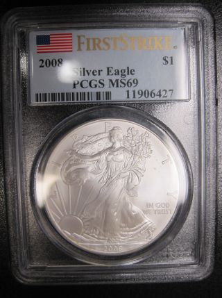 2008 American Silver Eagle Pure First Strike Pcgs Ms 69 photo