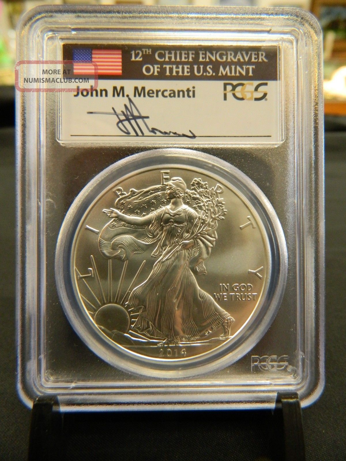 2014 $1 Silver Eagle First Strike Pcgs Ms70 Signed John M Mercanti 437
