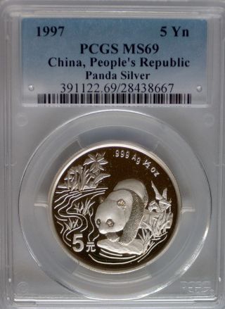 Pcgs 1997 China Panda 5¥ Yuan Coin Ms69 Crossing Stream Prc Silver 1/2 Oz 999 Bu photo