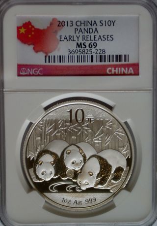 Ngc 2013 China Panda 10¥ Yuan Coin Ms69 Early Releases Silver 1oz 999 Prc Map Bu photo