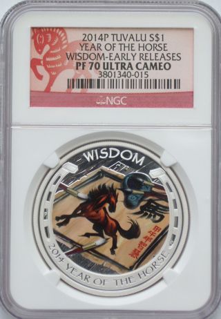 Ngc Registry 2014 P Tuvalu Silver Proof Horse Wisdom $1 Pf70 Rare Only 1500 Made photo