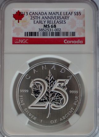 Ngc Canada 2013 Maple Leaf 25th Anniversary $5 Coin Ms68 Silver 1 Oz.  9999 Pure photo