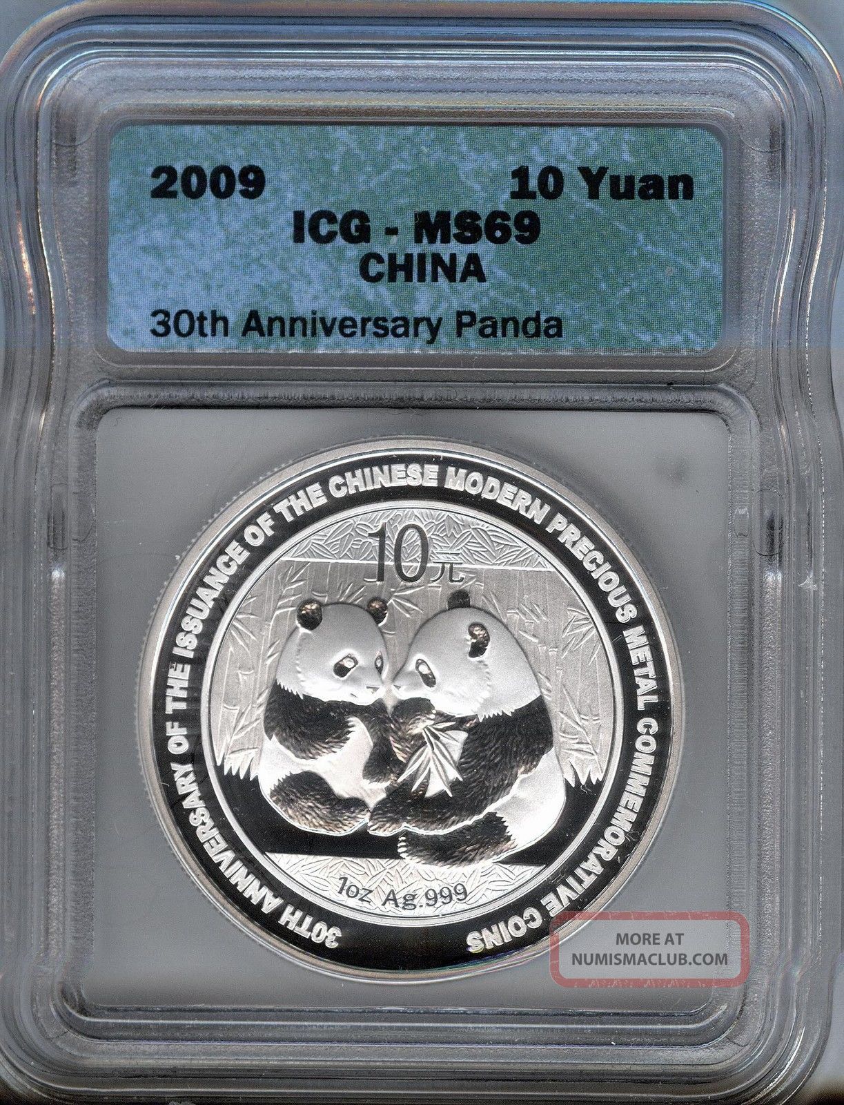 2009 Silver Panda - 10 Yuan - Gem Uncirculated Icg Ms69 - 30th Anniversary China photo